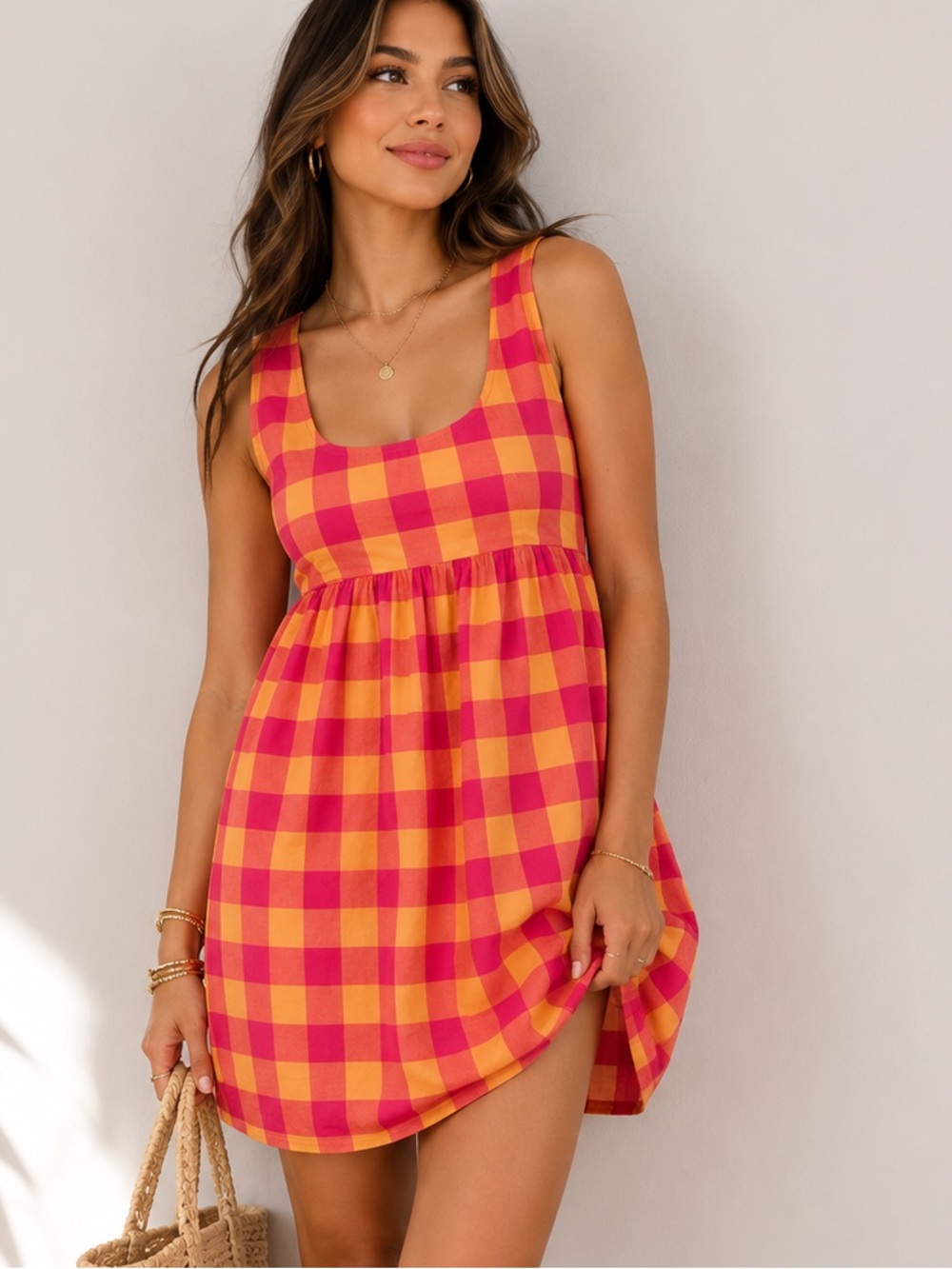 Anthropologie Pink and Yellow Gingham Mini Dress